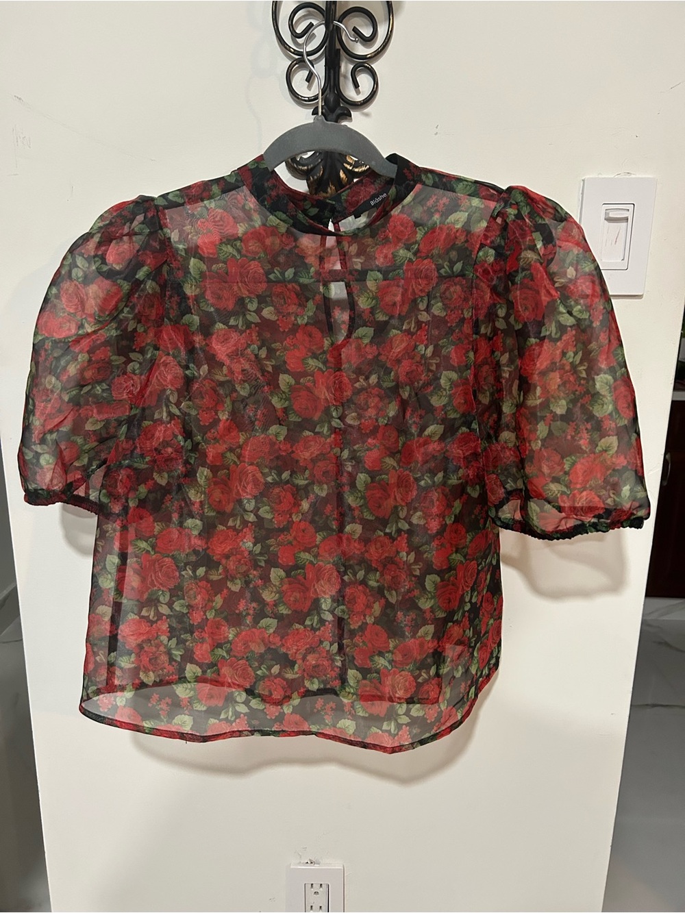 Sheer Floral Puff-Sleeve Blouse in Red Rose Print